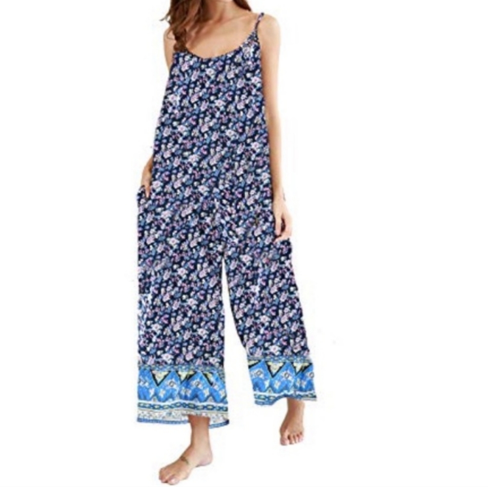 Buenos Ninos Floral Wide Leg Jumpsuit Women's S Blue Boho Retro Cottagecore